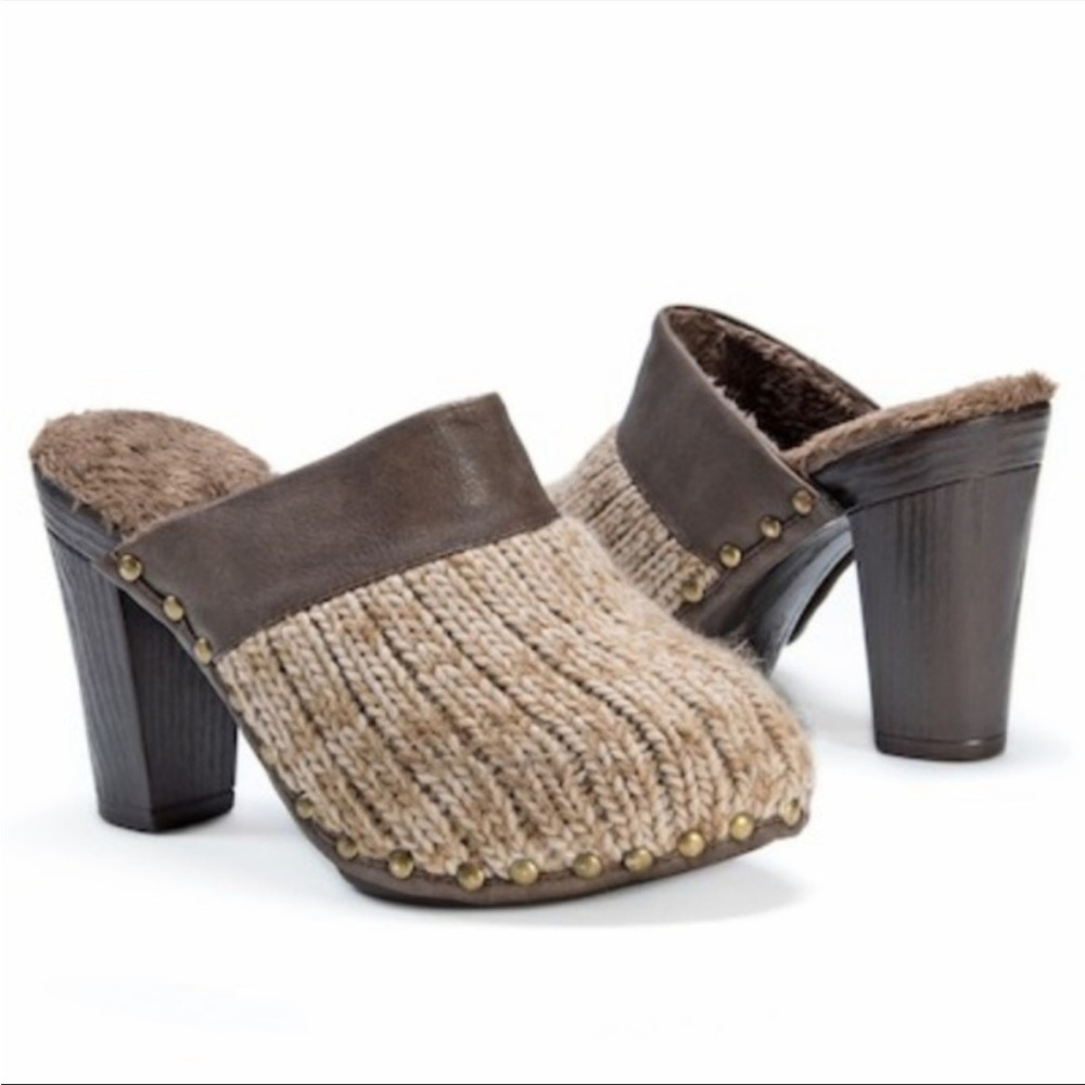 Tan mule knit Mul Luks 3 inch block heel brown 6.5